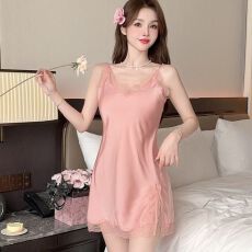 批发实拍性感睡衣女冰丝吊带睡裙缎面蕾丝开叉短裙带固定胸垫不可拆