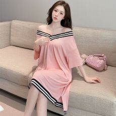 批发实拍<b class='q'>性感</b><b class='q'>睡衣</b>女莫代尔螺纹短袖睡裙V领宽松大码慵懒风休闲家居服