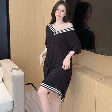 批发实拍<b class='q'>性感</b><b class='q'>睡衣</b>女莫代尔螺纹短袖睡裙V领宽松大码慵懒风休闲家居服