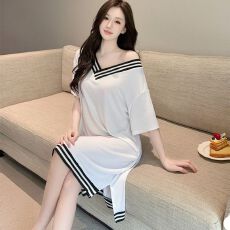 批发实拍<b class='q'>性感</b><b class='q'>睡衣</b>女莫代尔螺纹短袖睡裙V领宽松大码慵懒风休闲家居服