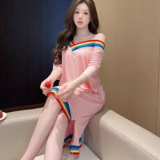 批发实拍<b class='q'>性感</b><b class='q'>睡衣</b>女莫代尔螺纹短袖睡裙V领宽松大码彩虹领休闲家居服