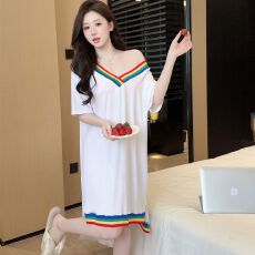 批发实拍<b class='q'>性感</b><b class='q'>睡衣</b>女莫代尔螺纹短袖睡裙V领宽松大码彩虹领休闲家居服
