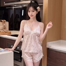 批发实拍<b class='q'>性感</b><b class='q'>睡衣</b>女冰丝吊带短裤套装甜美卡通印花纯欲风带胸垫家居服