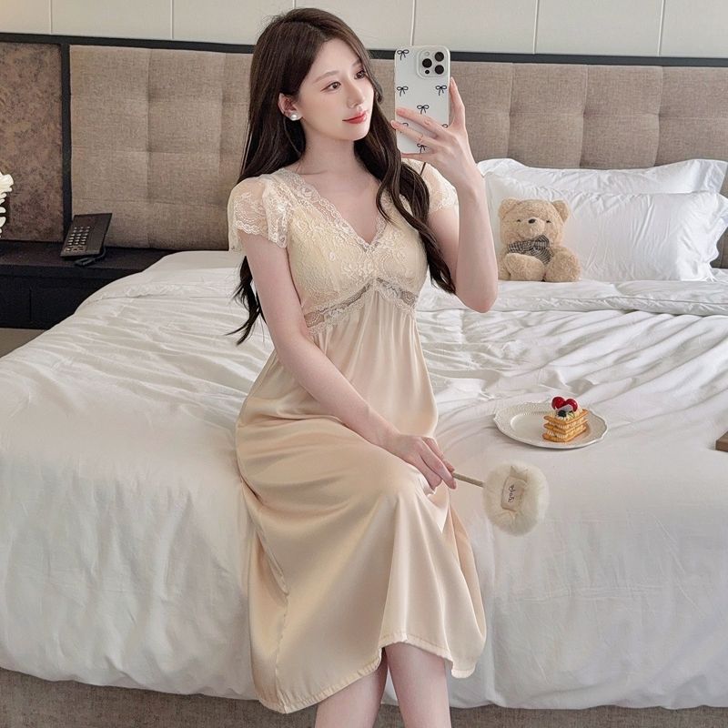 BY33092# 性感睡衣女夏冰丝短袖睡裙蕾丝花边中长款带胸垫高级感轻奢家居服 服裝批發女裝批發服飾貨源
