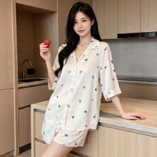 批发实拍性感睡衣女夏冰丝衬衫短<b class='q'>裤</b>套<b class='q'>装</b><b class='q'>中长款</b>带胸垫宽松高级感家居服