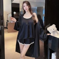 批发性感睡衣女冰丝吊带短裤外袍三件套带胸垫美背高级感家居服纯欲风