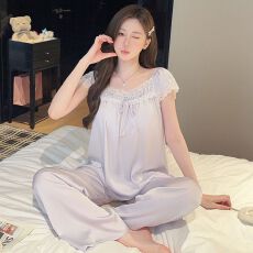 批发<b class='q'>睡衣</b>女夏冰丝短袖长裤套装蕾丝带胸垫宫廷公主高级感轻奢风家居服
