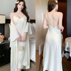 批发春秋性感睡衣女冰丝<b class='q'>吊带</b><b class='q'>睡裙</b>睡袍两件套中长款高级感带胸垫家居服