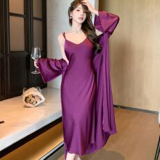 批发春秋性感睡衣女冰丝<b class='q'>吊带</b><b class='q'>睡裙</b>睡袍两件套中长款高级感带胸垫家居服