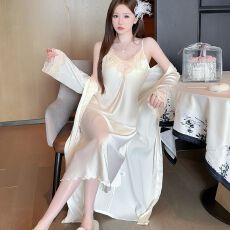 批发春秋性感睡衣女冰丝<b class='q'>吊带</b><b class='q'>睡裙</b>睡袍两件套中长款带胸垫高级感家居服