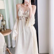 春秋性感睡衣女冰丝吊带睡裙睡袍两件套中长款高级感带胸垫家居服