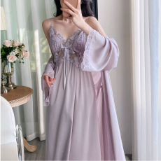 春秋性感睡衣女冰丝吊带睡裙睡袍两件套中长款高级感带胸垫家居服