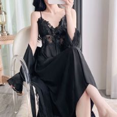春秋性感睡衣女冰丝吊带睡裙睡袍两件套中长款高级感带胸垫家居服