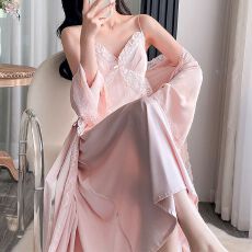 批发春秋性感睡衣女冰丝吊带睡裙<b class='q'>睡袍</b>两件套装长款高级感带胸垫家居服