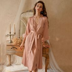 批发春秋性感睡衣女冰丝吊带睡裙<b class='q'>睡袍</b>两件套中长款羽毛袖高级感家居服