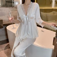 批发春秋冰丝性感<b class='q'>睡衣</b><b class='q'>女</b>七分袖长裤套装蕾丝公主风高级感带胸垫家居服