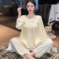 批发春秋款<b class='q'>睡衣</b><b class='q'>女</b>冰丝长袖长裤套装前后蕾丝高级感轻奢风带胸垫家居服