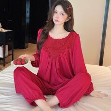 批发春秋款<b class='q'>睡衣</b><b class='q'>女</b>冰丝长袖长裤套装前后蕾丝高级感轻奢风带胸垫家居服