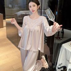 批发春秋款<b class='q'>睡衣</b><b class='q'>女</b>冰丝长袖长裤套装前后蕾丝高级感轻奢风带胸垫家居服