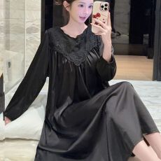 批发<b class='q'>春</b>秋款睡衣女长袖冰丝睡裙长款蕾丝宽松带胸垫高级感轻奢风家居服