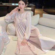 批发<b class='q'>春</b>秋款睡衣女长袖冰丝睡裙长款蕾丝宽松带胸垫高级感轻奢风家居服