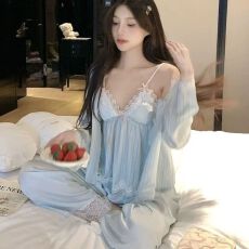 网图性感睡衣女冰丝吊带短裤长袖长裤四件套蕾丝花边带胸垫家居服