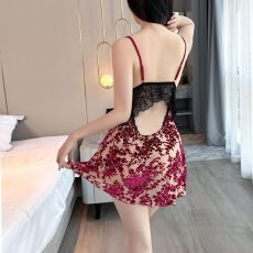 批发性感睡衣女烧花吊带睡裙蕾丝露背短裙带胸垫纯欲风迷人情趣家居服