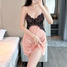 批发性感睡衣女烧花吊带睡裙蕾丝露背短裙带胸垫纯欲风迷人情趣家居服