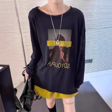 批发春夏季长袖宽松<b class='q'>大码</b>休闲斜领卡通娃印花薄防晒T恤上衣