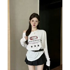 批发大码宽松早春防晒时尚百搭2026年新款显瘦斜肩字母印花<b class='q'>长袖</b><b class='q'>T</b><b class='q'>恤</b>女