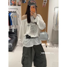 批发夏季新款宽松简约字母印花斜肩长袖t恤女防晒罩衫上衣
