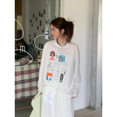 批发小众<b class='q'>童</b>趣涂鸦卡通印花慵懒休闲宽松纯棉薄款防晒<b class='q'>长袖</b><b class='q'>T</b><b class='q'>恤</b>女