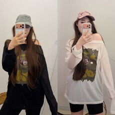 批发夏季新款微胖<b class='q'>加大码</b>斜肩印花薯片长袖T恤女宽松休闲防晒衫上衣
