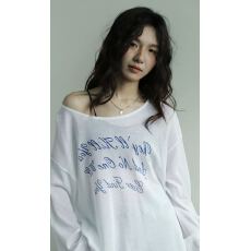 批发斜肩一字领宽松夏季薄款长袖防<b class='q'>晒衣</b><b class='q'>空调</b>扇白色复古印花字母上衣服