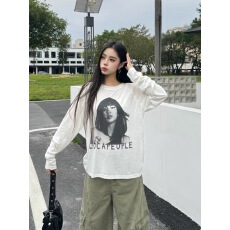 批发美式复古人物字母印花<b class='q'>防晒</b>长袖t恤女微透空调衫休闲显瘦罩衫上衣