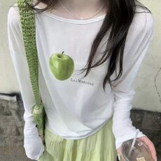 批发圆领青苹果印花微透感长袖竹节<b class='q'>防晒</b>衫T恤女上衣罩衫夏季薄