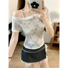 批发夏季小众设计斜肩纯欲<b class='q'>蕾丝</b>T恤女修身显瘦短袖上衣+内搭三角杯<b class='q'>裹</b><b class='q'>胸</b>
