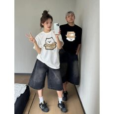 盒子猫咪卡通趣味情侣装T恤夏季2026新款纯棉高质量网红印花短袖