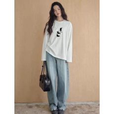 批发大码宽松早春防晒新款bf风潮牌圆领少上衣韩系甜美印花长袖T恤女