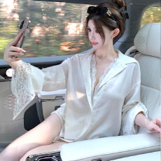 批发已出货 春秋蕾丝拼接假两件中长款衬衫<b class='q'>宽松</b>慵懒御姐长袖<b class='q'>上衣</b>女