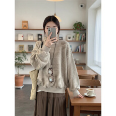 批发加绒条纹圆领<b class='q'>套头卫衣</b>宽松长袖上衣女