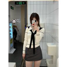 批发韩系白色披肩长袖针织打底衫女早秋新款修身短款内搭纯欲上衣