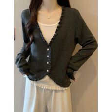 批发木耳边灰色长袖针织衫女2025秋冬设计感假两件别致V领百搭上衣潮