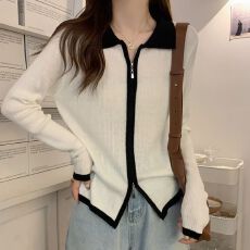 批发polo领撞色针织拉链开衫女2025秋季新款长袖修身显瘦针织毛衣外套