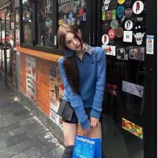 批发韩系复古V领麻花毛衣女秋季新款学院风显瘦内搭长袖针织衫上衣