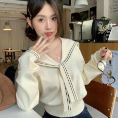 批发海军领针织衫女2025秋冬新款韩系学院风减龄短款收腰修身长袖上衣