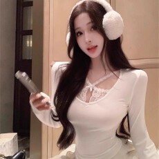 春秋纯欲性感辣妹修身t恤女长袖蕾丝花边打底衫上衣