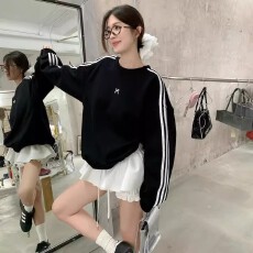 条纹刺绣长袖卫衣女早秋新款美式风宽松休闲小众上衣ins