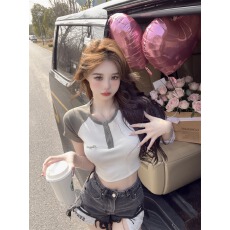 批发已出货 纯棉 美式复古撞色短袖t恤女短款上衣