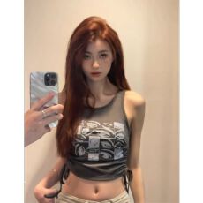 批发已出货 罗纹 印花复古吊带<b class='q'>露</b><b class='q'>脐</b>抽绳绑带无袖上衣